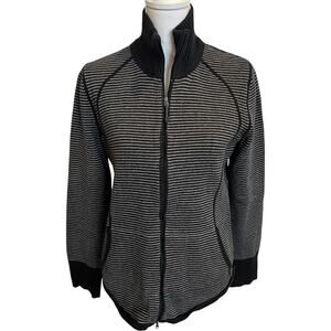 Eddie Bauer Cardigan Sweater Womens Large Grey Stripe Zip Up Fitted Stand Collar